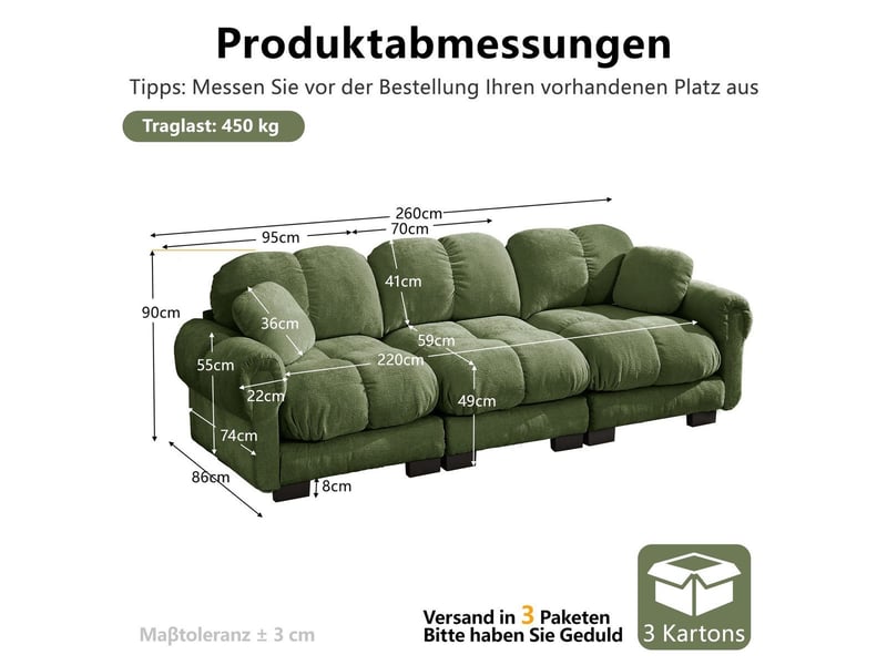  Canapé 3 places modulaire en chenille vert avec 2 coussins déco, assises épaisses et dossier ergonomique SF20260031013 - Conforama C