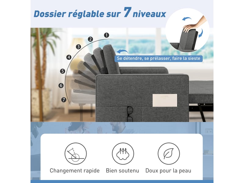 Canapé convertible 2 places 3 en 1 canapé-lit avec lit gigogne double dossier réglable 2 coussins gris 80,5x137,5x84cm - Conforama E