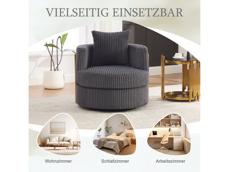 Fauteuil de salon - fauteuil de loisirs pivotant à 360° en velours côtelé, avec rangement, pour salon, gris - Conforama W