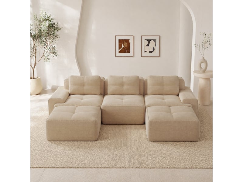  Canapé modulable en u 3 places avec ottoman, assise profonde et base antidérapante en velours côtelé beige  - Conforama C