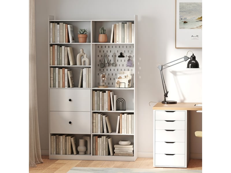  Bibliothèque 8 niches 2 tiroirs panneau perforé 120 x 30 x 200 cm blanc  - Conforama E