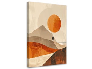 Tabelau sur toile, un paysage minimaliste avec des montagnes et un soleil orangé. 30x45