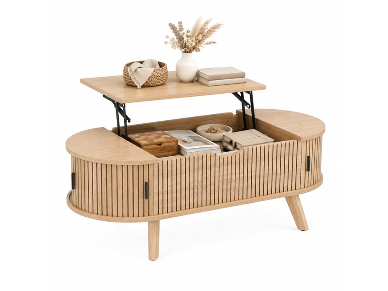 Table basse ovale 110x50x53.5 cm en mdf avec rangement, coloris naturel - Conforama A
