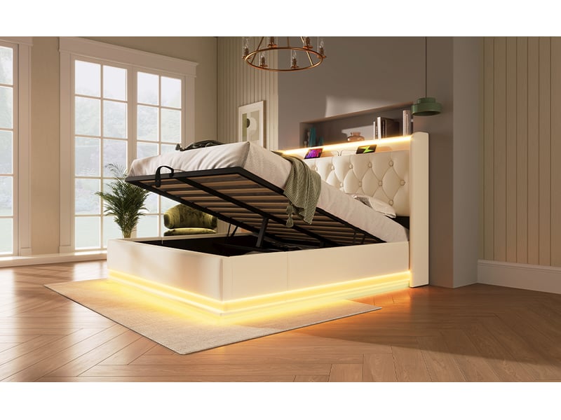Lit coffre double 160x200 cm avec led et usb type-c - rangement hydraulique, simili cuir blanc, matelas inclus - Conforama D