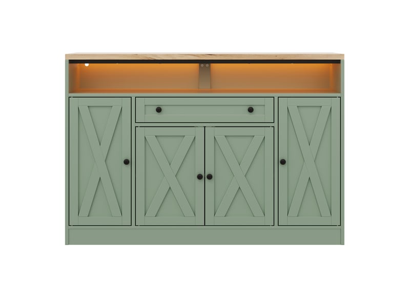  Buffet de cuisine rangement 140x35x95 cm - 4 portes style grange - led rvb avec application - tiroir et rangements de portes - mdf - vert  - Conforama A