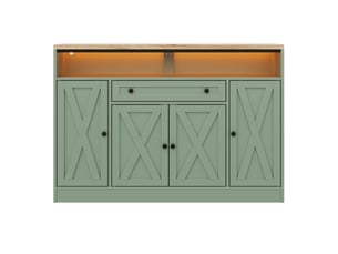 Buffet de cuisine rangement 140x35x95 cm - 4 portes style grange - led rvb avec application - tiroir et rangements de portes - mdf - vert