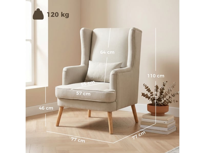  Fauteuil à dossier haut avec coussin lombaire, assise large et pieds en bois, tissu aspect lin beige  - Conforama D