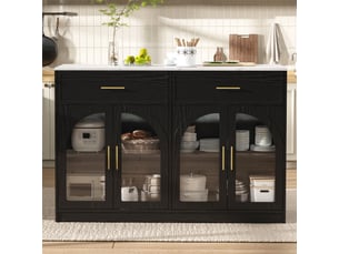 Îlot de cuisine noir avec éclairage led, tiroirs, étagères réglables et portes vitrées