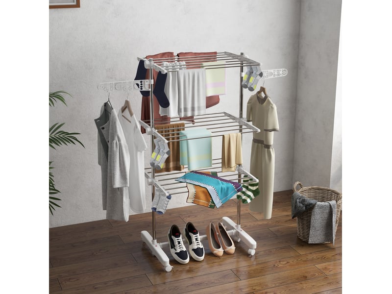  Séchoir à linge mobile pliable 142x55x152 cm – blanc – 3 niveaux, ailes réglables et roulettes freinées  - Conforama B