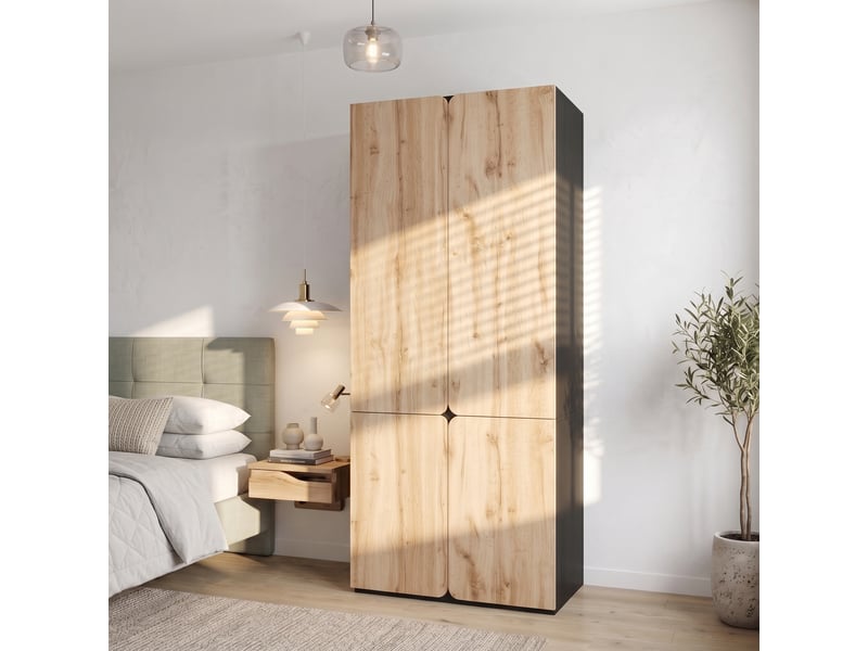  Armoire 90 x 50 x 200 cm avec 4 portes, 1 penderie et 3 tiroirs, meuble haut à portes battantes au style moderne pour chambre, entrée, enfant ou bureau - effet chêne OPULERANE TRADING LTD - Conforama E