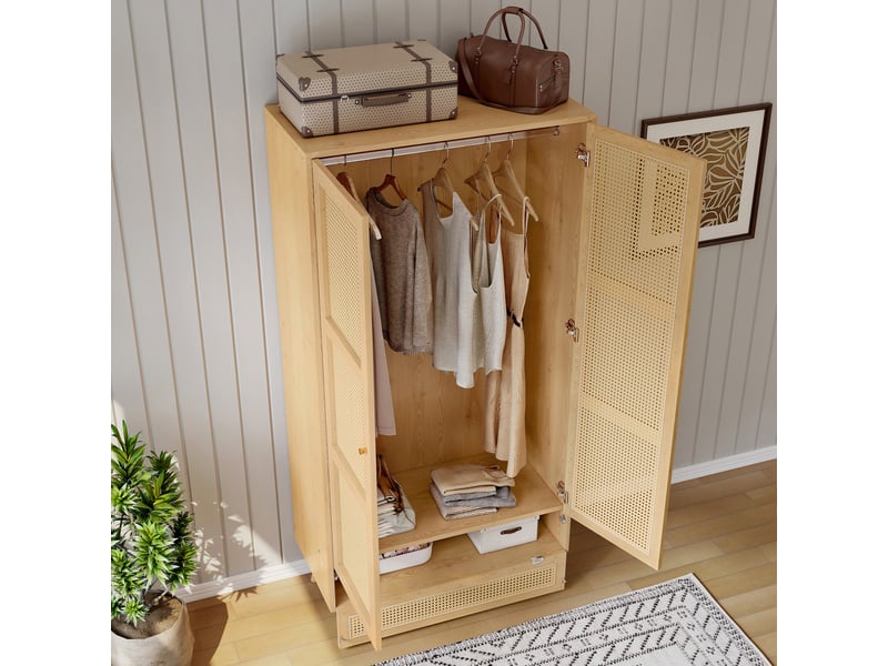  Armoire dressing 90x45x183 cm avec 2 portes cannage rotin, penderie avec tringle et rangement chaussures, meuble de chambre - naturel  - Conforama D