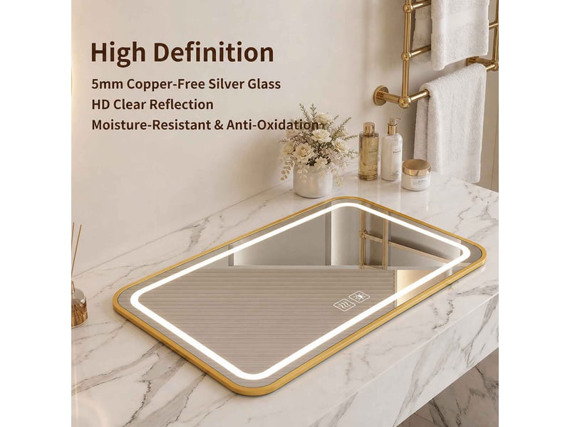  Miroir salle de bain led 100 par 70 cm bordure dorée verre sécurisé anti buée tactile 3 couleurs intensité réglable double vasque  - Conforama E