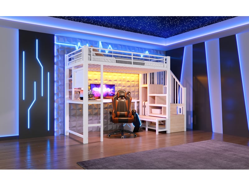  Lit mezzanine 90x200 cm avec bureau et escalier de rangement, ports usb et type-c, en métal, blanc, sans matelas  - Conforama D