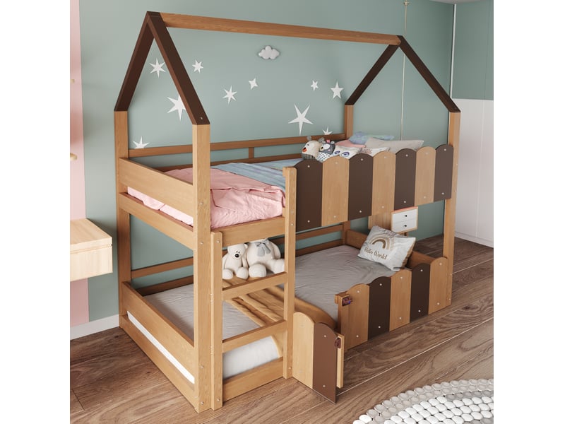 Lit superposé enfant 90x200 en forme de maison, bois naturel evryae  - Conforama C