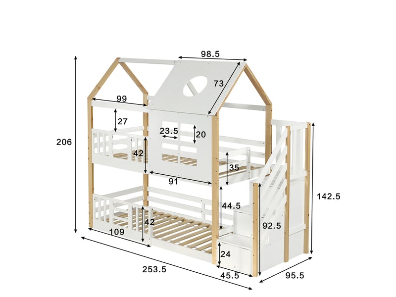  Lit superposé 90x200 cm, lit cabane enfant avec escalier de rangement et barrière de sécurité, en bois de pin et mdf, blanc  - Conforama E