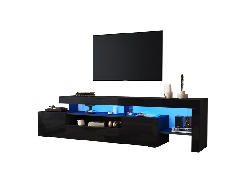  Meuble tv noir avec led, 3 portes abattantes, façade brillante, téléviseur 85 pouces maximum  - Conforama A