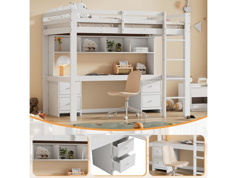  Lit mezzanine 90 x 200 cm - lit avec rangement et escalier sécurisé - pin + mdf - sans matelas - blanc  - Conforama E