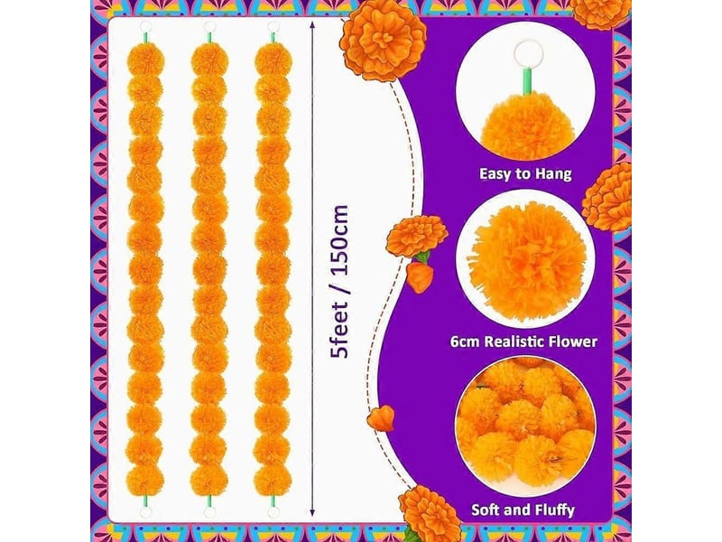 Guirlande de 5 œillets d'inde décoratifs, 1,5 m d'œillets d'inde artificiels, décorations de diwali pour la maison, fleurs orange. - Conforama C