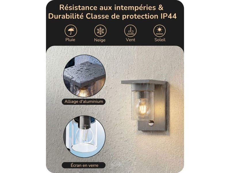  Applique murale exterieure avec detecteur de mouvement ip44 aluminium verre e27 370618_AACLB06024_6_DROPFR - Conforama D
