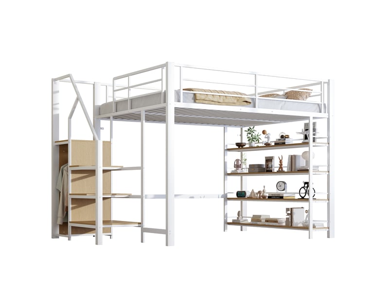 Lit mezzanine enfant 140x200 cm – blanc – escalier à tiroirs, rangements et penderie – sans matelas - Conforama A