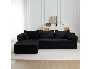 Canapé d’angle corda, noir, modulable, chaise longue, assise profonde, sans structure, velours côtelé