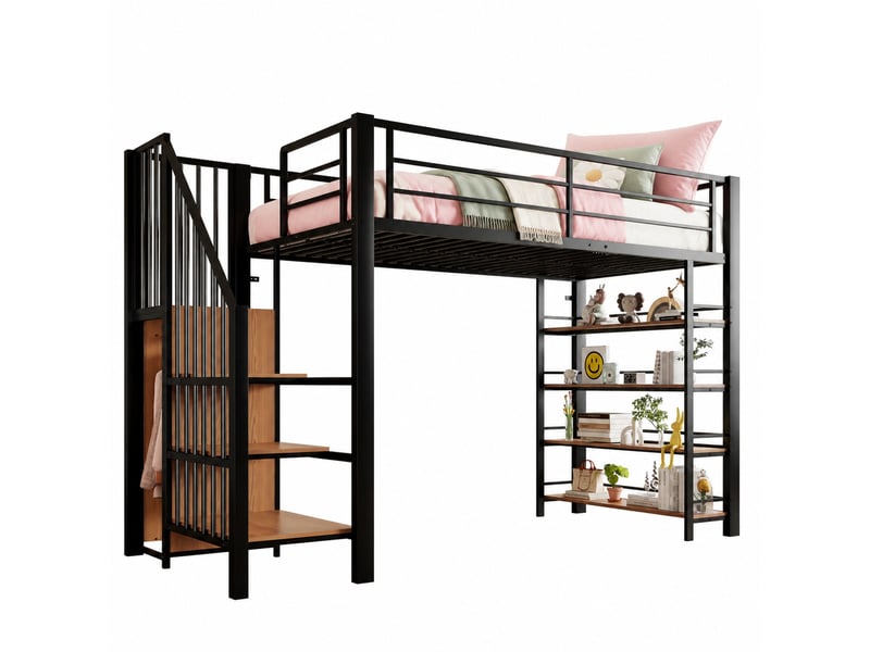  Lit mezzanine 90x200 cm avec escalier, rangements et penderie, noir et blanc  - Conforama A