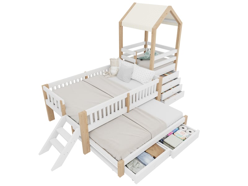  Lit enfant 90x200 cm avec lit gigogne 90x190 cm, escalier latéral, bois blanc et naturel sans matelas  - Conforama A