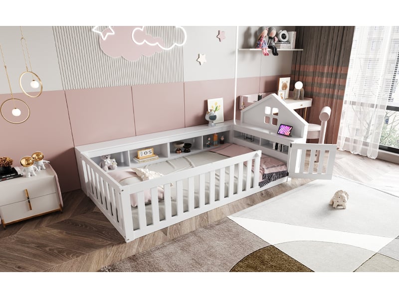  Lit enfant avec rangement 90x200 cm, barrière de sécurité, bois massif blanc, avec sommier  - Conforama R