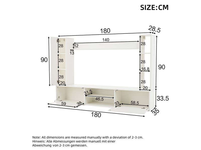  Ensemble meuble tv 4 pièces 180x35x33.5 cm avec 2 armoires murales, 1 module mural, panneau de particules, blanc  - Conforama C