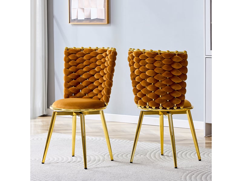  Lot de 2 chaises de salle à manger 44x86,3 cm orange et doré - chaises de cuisine style luxueux avec dossier tressé en velours  - Conforama C