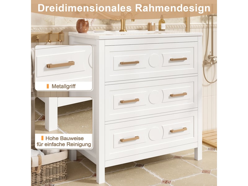  Meuble sous-vasque sur pied avec vasque céramique 3 tiroirs blanc 76.5x47x82 cm  - Conforama D