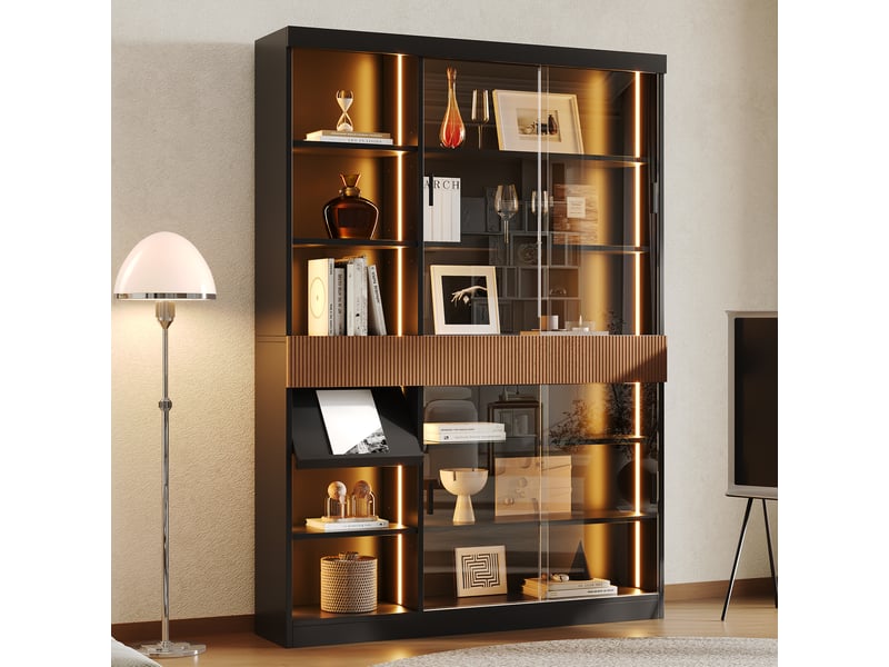  Vitrine 120 x 28,5 x 180 cm avec éclairage led, portes coulissantes en verre trempé, 3 tiroirs, tablette rabattable, salon, bureau, salle à manger  - Conforama D