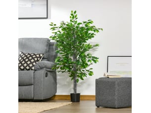 Ficus artificiel 135 cm – vert – feuillage modulable en plastique, pot noir lesté pour intérieur et extérieur