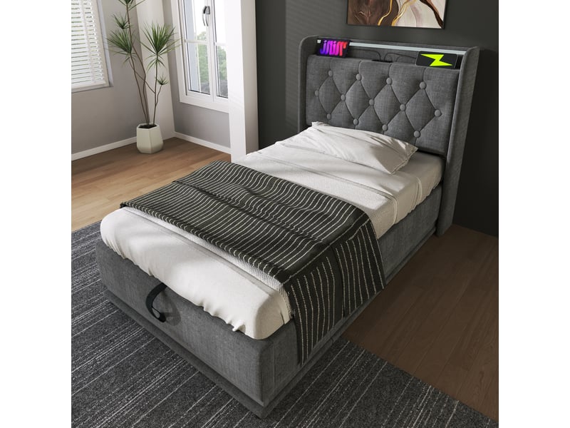  Lit coffre simple 90×200 cm en tissu gris avec led 360°, usb, type-c et rangement hydraulique, sans matelas  - Conforama C