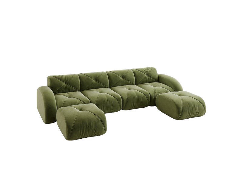 Canapé modulable en u panoramique 358x171x76 cm 4 places, sans montage, tendre, 2 poufs, revêtement en chenille, vert - Conforama A