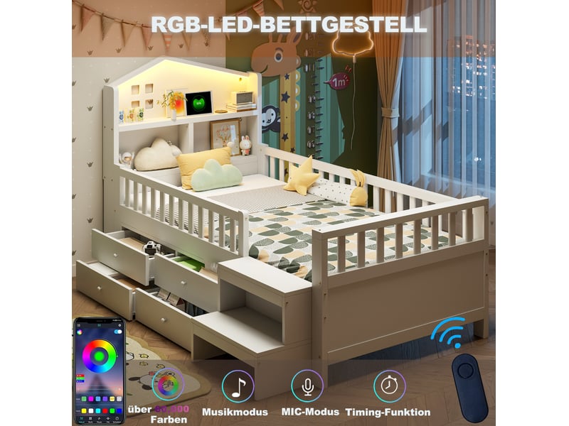  Lit 1 place, 90x200 cm, 4 tiroir, led, recharge, solution de rangement, matelas non inclus, mdf et pin, coloris blanc  - Conforama E