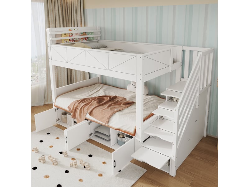  Lit superposé, lit enfant 90x200 cm, escalier de rangement, bois massif blanc, barrière antichute  - Conforama E