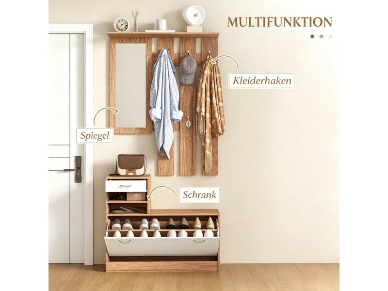  Penderie mobile - armoire de couloir avec panneau porte-manteaux, miroir, banc à chaussures, 6 patères et étagère réglable  - Conforama E
