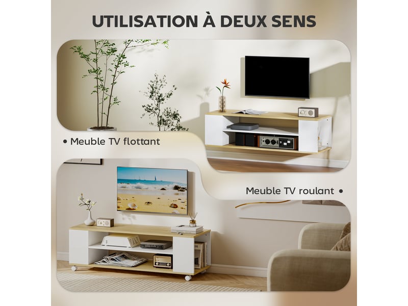  Meuble tv avec roulettes 120 cm, meuble télé pour téléviseur jusqu'à 55 pouces, blanc et naturel, 2 étagères ouvertes  - Conforama E