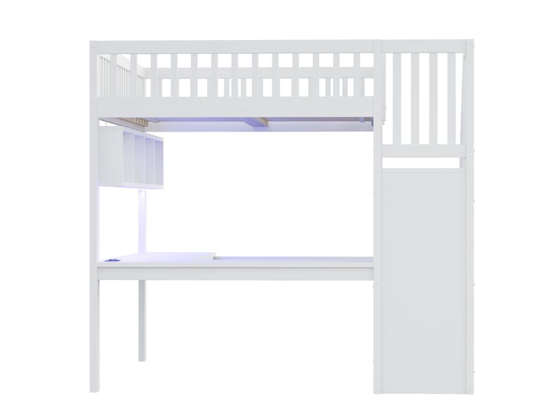 Lit mezzanine 140x200 cm avec bureau, escalier de rangement et led, lit enfant et ado en bois massif blanc, prise usb intégrée - Conforama W