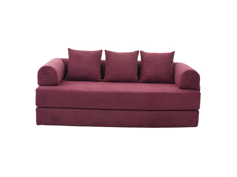 Canapé convertible 200x94x67 cm avec accoudoirs, poche latérale et 3 coussins, structure en métal, velours, rouge vin  - Conforama A