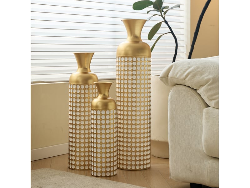 Lot de 3 vases de sol en métal doré à pois blancs, hauteurs 50, 66 et 83 cm pour fleurs séchées décoratives  - Conforama B