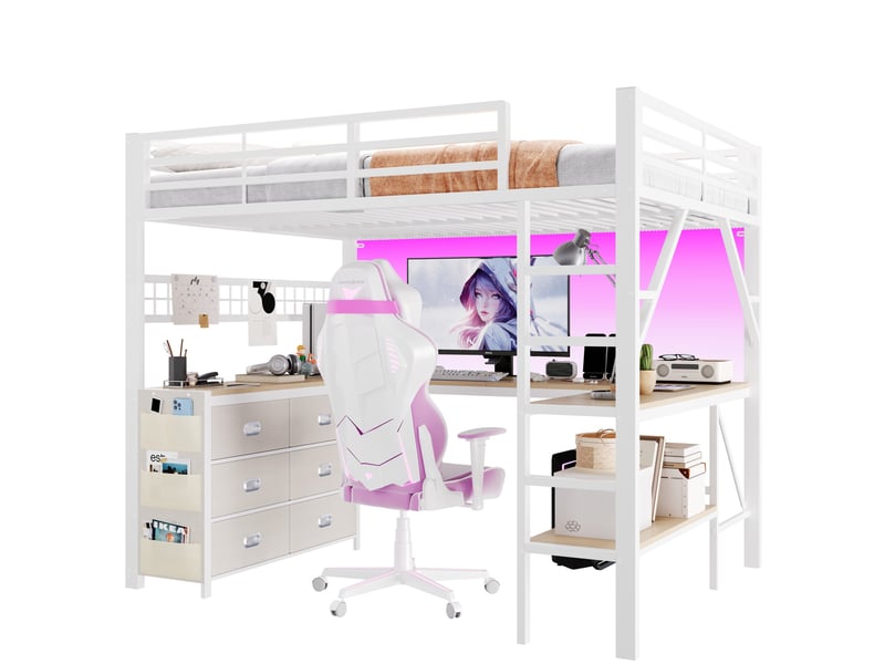 Lit mezzanine 140 × 200 cm avec bureau, étagères, tiroirs et led en métal pour chambre 204 × 145 × 172 cm - Conforama A