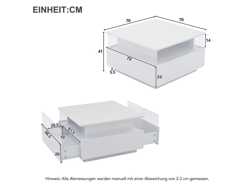  Table basse moderne à led laquée brillante, 70 x 70 x 41 cm, avec 2 tiroirs et une surface d'exposition transparente – capacité de charge jusqu'à 30 kg, idéale pour les salons élégants  - Conforama C
