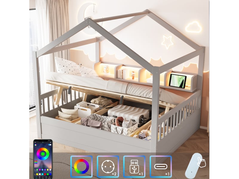 Lit cabane 140x200 cm, coffre hydraulique, barrières, rangements, led, prises, bois et mdf, gris, sans matelas - Conforama D