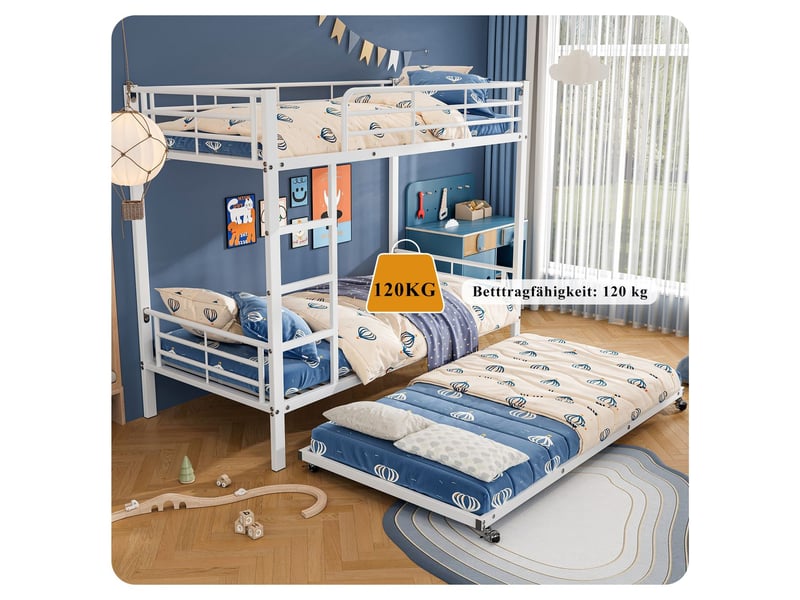  Lit superposé - 90x200cm - avec lit gigogne - lit superposé enfant - métal blanc 3 couchages sécurité en747  - Conforama D