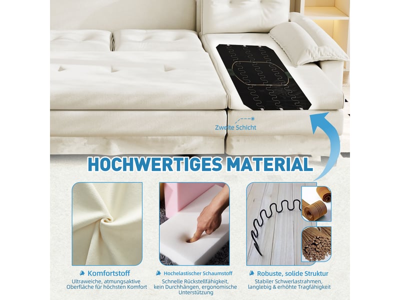 Fauteuil canapé panoramique en u chenille beige avec tiroirs intégrés et port usb pour salon moderne - Conforama E