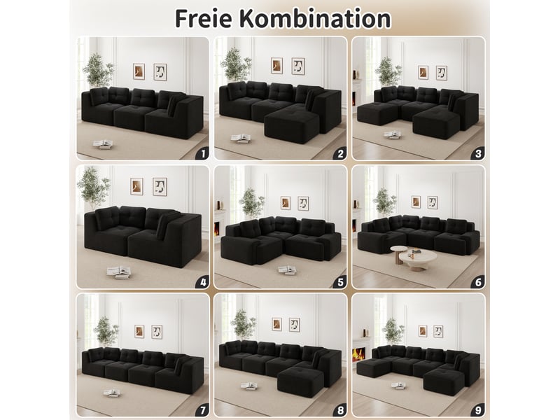  Tcqpz canapé d'angle modulable en velours côtelé noir, assise profonde, sans montage  - Conforama E