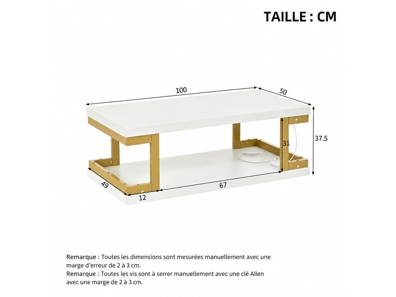 Table basse led blanche et dorée, rectangulaire 100 x 50 x 37,5 cm, rangement ouvert - Conforama E