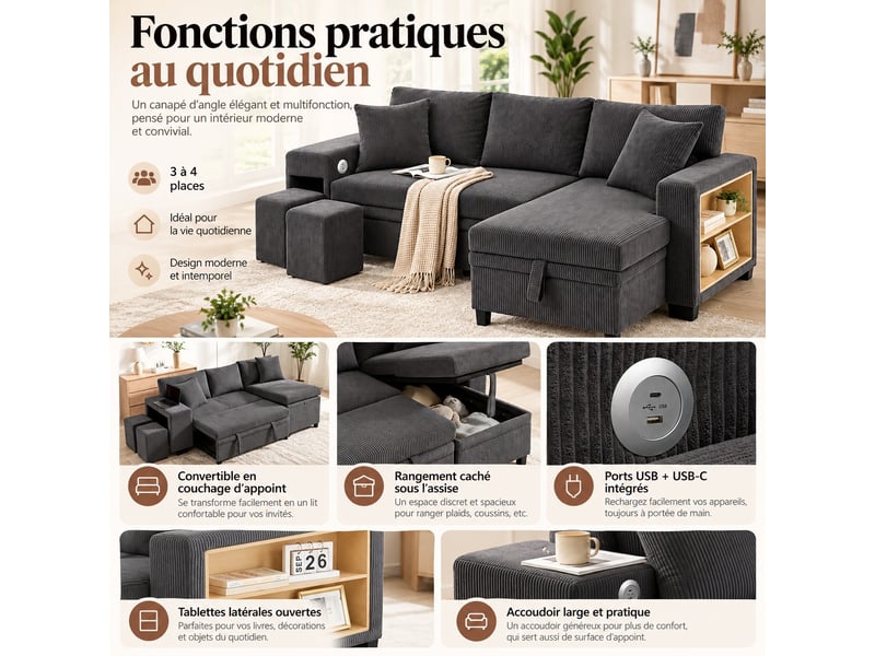  Canapé d'angle réversible convertible 3 places avec coffre, ports usb-c, étagères et 2 poufs, velours côtelé gris, 231 cm  - Conforama E